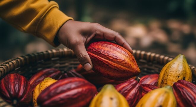 Hand of farmer picking cacao pod from woven basket. Raw cocoa fruit harvesting for chocolate production. Sustainable agriculture and food industry. - Powered by Adobe