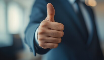 Businessman in suit showing thumbs up gesture closeup of male hand isolated on blurred office background