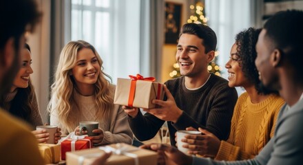 Man exchanging gift with friends at a festive gathering. Happy group of people celebrating party with presents. Christmas holiday concept.