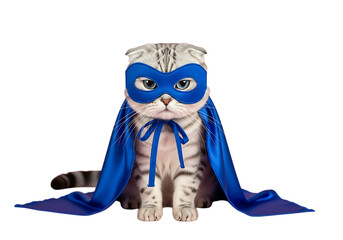 Adorable scottish fold kitten dressed as a superhero with a blue mask and cape isolated on transparent background