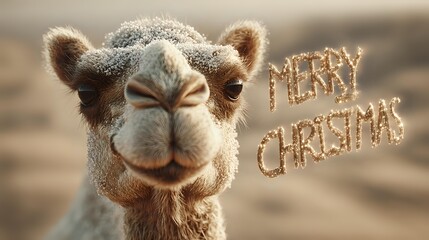 Close-up of a camel in the desert with Merry Christmas text overlay festive holiday greeting card concept warm tones