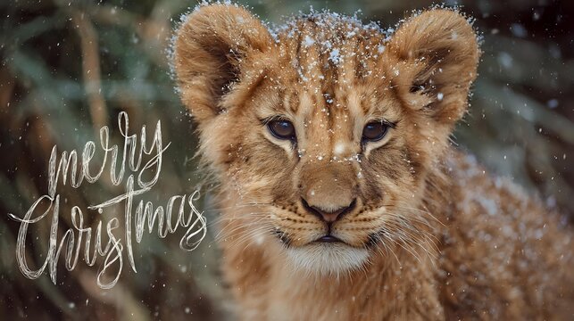 Cute lion cub portrait with snow falling a festive Christmas greeting card perfect for holiday wishes and seasonal promotions - Powered by Adobe