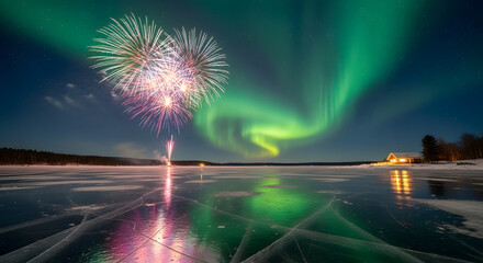 Aurora Borealis and Fireworks over a Frozen Lake.