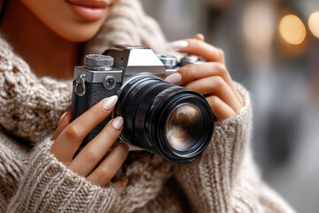 Photography enthusiast captures moments with vintage camera in cozy sweater