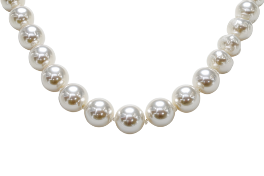 Close-up of a pearl necklace, featuring numerous round pearls strung together to form a choker-style necklace