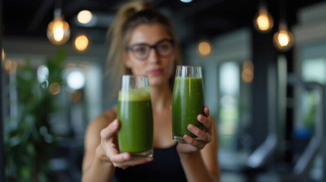 Professional Trainer Holding Green Smoothie in Fitness Studio  - Powered by Adobe