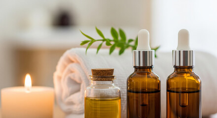 Essential oils and spa treatments for relaxation and wellness. This image shows a spa setting with essential oil bottles, a rolled towel, a candle, and a sprig of greenery
