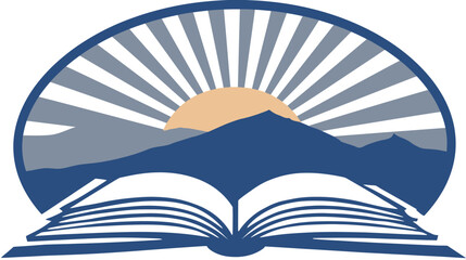 An open book emblem with a sunburst over mountains, framed by a semi-circle