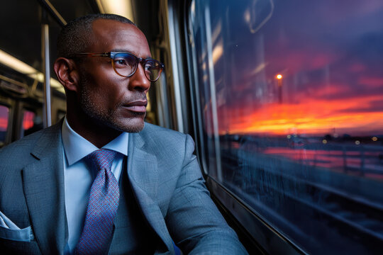 Businessman reflects on life while commuting home at sunset from the city - Powered by Adobe