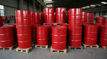 Stacks of red metal oil drums arranged on pallets in an industrial warehouse known for storage and outdoor use 
