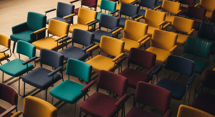 Overhead view of chairs in rows with armrests, different colors. Representative of meeting, conference or lecture, also waiting, audience or theater