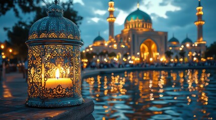 Illuminated lantern at mosque, night, reflection, peaceful gathering