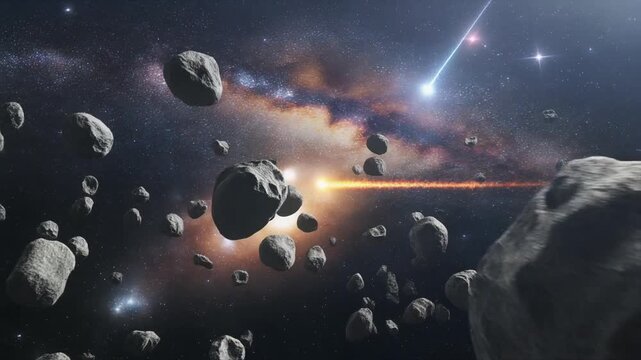 Luminous comet streaks through a dense asteroid field within a swirling galaxy, creating a dynamic and awe-inspiring vision of the cosmos
