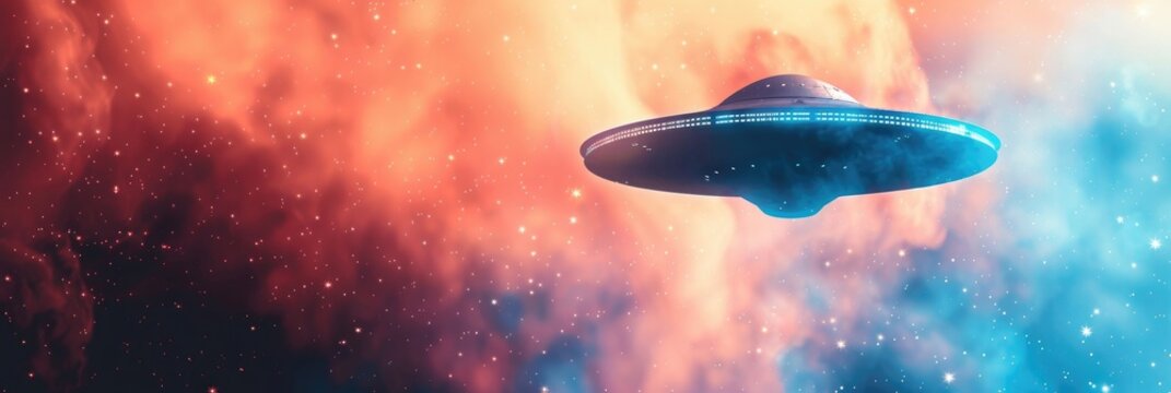 World Ufo Day, A futuristic flying saucer hovers in a colorful cosmic background filled with vibrant orange and blue nebulae. horizontal banner, copy space, free space for text