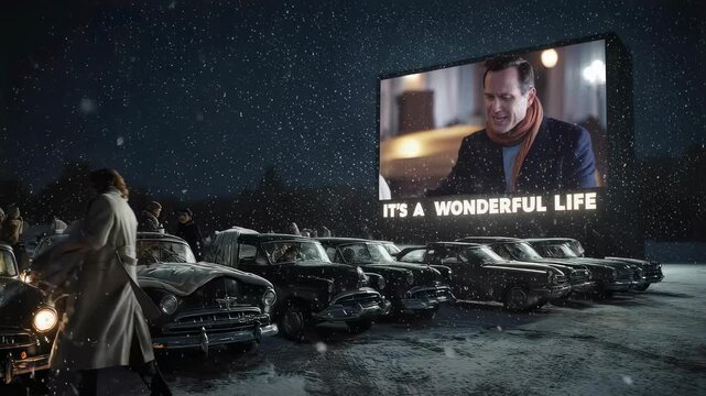 Snowing drive-in movie night with classic cars