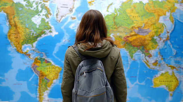 backpacker looking at world map. student planning global travel