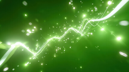 Green light wave sparkles glowing energy trail with bokeh particles and abstract neon chart visualization evoking motion and futuristic mood