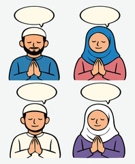 This illustration features four diverse Muslim characters in traditional attire, each with hands in prayer position. The design conveys a sense of unity and faith, making it suitable for various proje