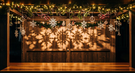 Wooden structure decorated with garland, snowflake ornaments and berries, illuminated by string lights, representing Christmas or winter festive atmosphere