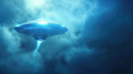 World Ufo Day, A futuristic flying saucer hovers in a cloudy blue sky. The craft emits a bright beam of light, creating a mysterious atmosphere
