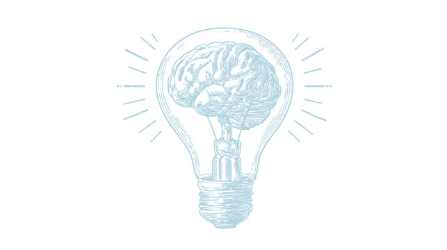 Detailed illustration of a human brain inside a glowing lightbulb, symbolizing ideas and thought