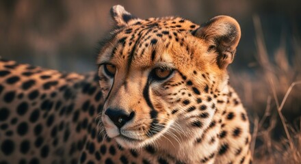 Close up of a cheetah face in focus, showing its spotted fur and intense gaze. Wildlife safari and nature conservation concept.
