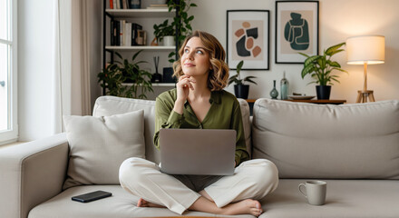 Fototapeta premium Freelance career planning with woman considering new opportunities on laptop for online coaching services, productivity apps or remote work tools advertising in social media and job platform