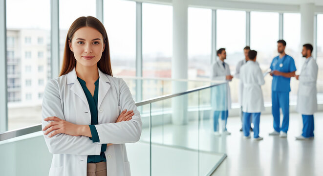 Hospital residency recruitment highlighting medical graduate stepping into leadership with clinical team in background for graduate medical education fairs or university partnership presentations