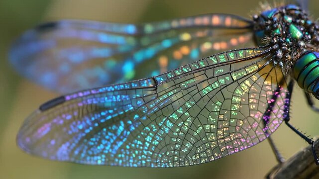 Close up of a vibrant dragonfly wing displaying iridescent colors and intricate patterns