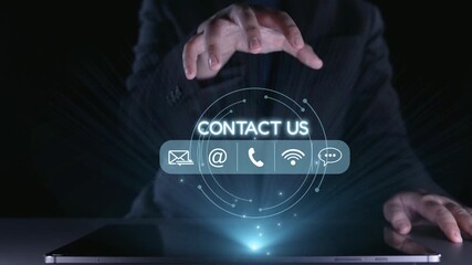A modern digital interface displaying contact options, featuring icons for email, phone, and messaging in a high-tech design, ideal for business communication themes. Qubit - Powered by Adobe