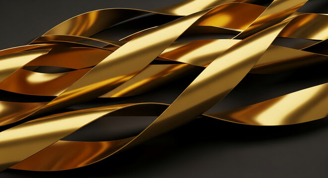 Abstract image of intertwining glossy golden ribbons over a dark surface, symbolizing luxury, elegance, and flow, suitable for upscale design projects