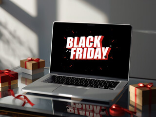 Black Friday online shopping concept with laptop showing "Black Friday" text, festive sales, digital marketing.