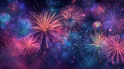 Fototapeta premium Colorful fireworks burst in the night sky illuminating the darkness with vibrant hues of joy.