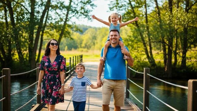 A happy family enjoys a sunny day walking on a wooden bridge in the park
