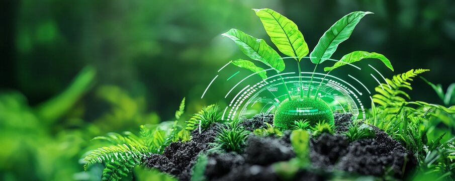 A captivating digital interface merges cuttingedge technology with rich nature in a vibrant green setting