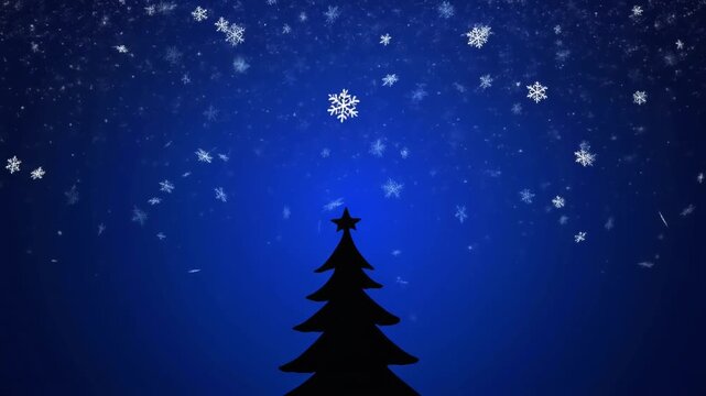 fondo de color azul intenso y profundo, que evoca una noche invernal o un cielo estrellado. En un tercio, o de manera prominente, se distingue la silueta de un abeto navide&ntilde;o. 
