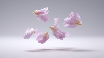 Pink cherry blossom petal floating petal soft pink delicate texture isolated on white minimal composition airborne petals floral detail gentle motion spring mood