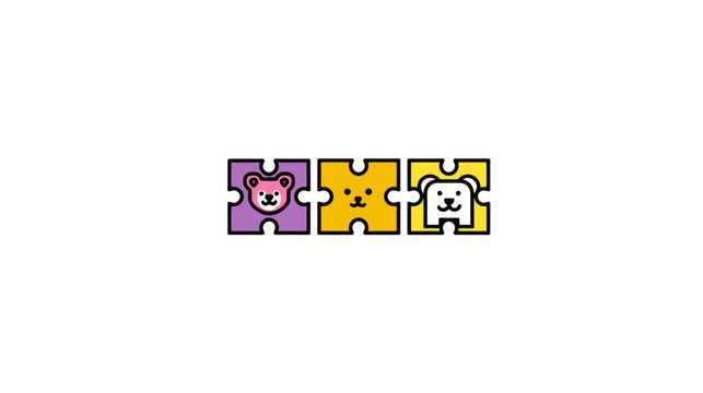 Three puzzle pieces, each depicting a stylized bear face, colored differently