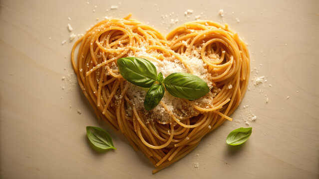 Spaghetti heart basil leaves grated cheese rustic plate romantic dinner cozy mood warm light Italian food comfort
