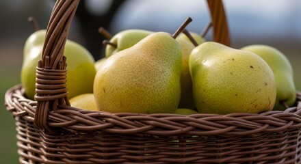 Freshly picked green pears in a rustic wicker basket outdoors. Healthy fruit harvest from an orchard for natural eating.