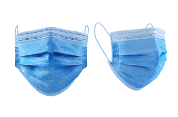 Two light-blue disposable face masks, side-by-side, isolated on a plain background.  The masks have elastic ear loops.  Visible are the layers and pleats of the mask material