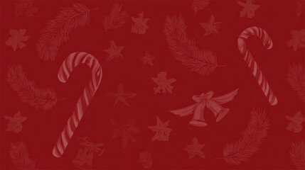 Red candy cane pine branch bell star pattern festive seamless holiday background with soft texture and warm cheerful mood