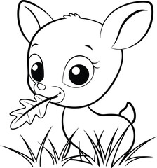 Fototapeta premium Cute Cartoon Fawn Eating Leaf in Simple Line Art Drawing for Kids Coloring Activities
