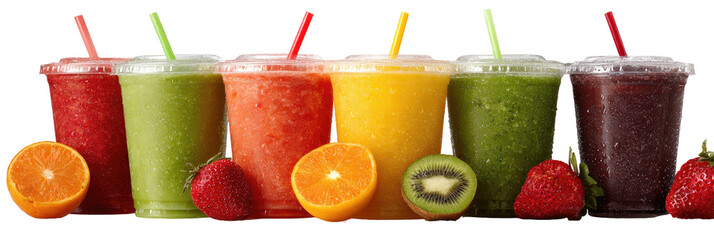 Variety of colorful fruit smoothies in clear plastic cups with straws