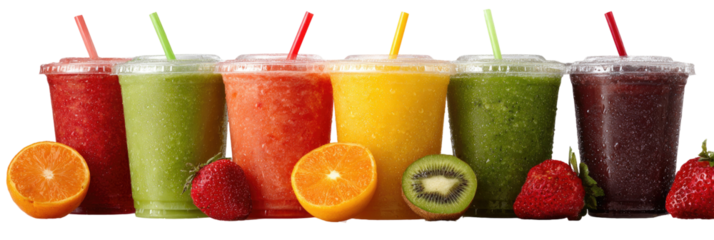 Variety of colorful fruit smoothies in clear plastic cups with straws
