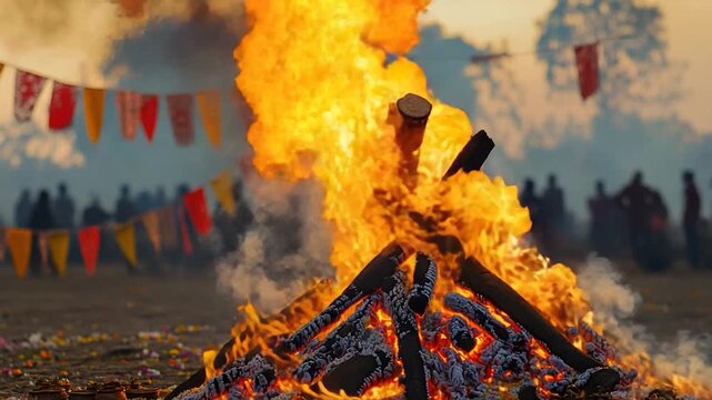 A bonfire burns in a open field, perfect for camping or outdoor gatherings