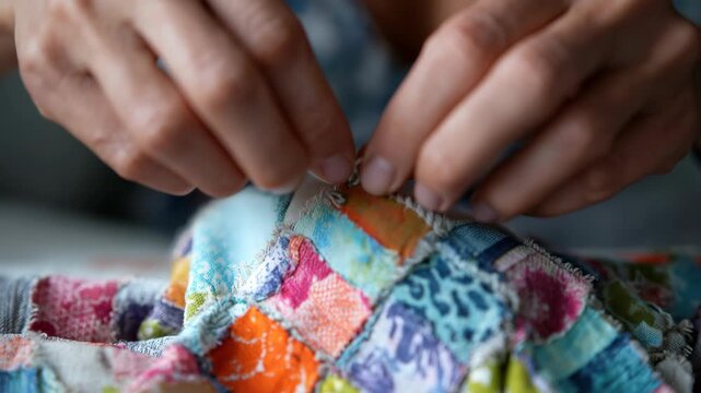 Skilled hands of a woman meticulously sewing colorful fabric patches together, showcasing intricate stitching techniques, camera zooms in on the detailed craftsmanship