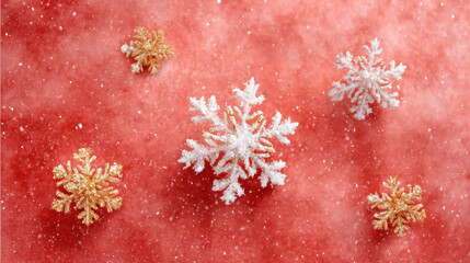 Sparkling snowflake decorations red festive background golden snowflake ornament white glitter snowflake holiday texture winter decoration Christmas concept seasonal pattern festive sparkle snowy