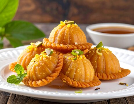 Delectable Chandrakala: Traditional Indian Sweets on a White Plate with Garnish
