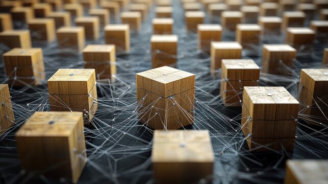 Array of wooden cubes interconnected by a network on dark surface, selective focus